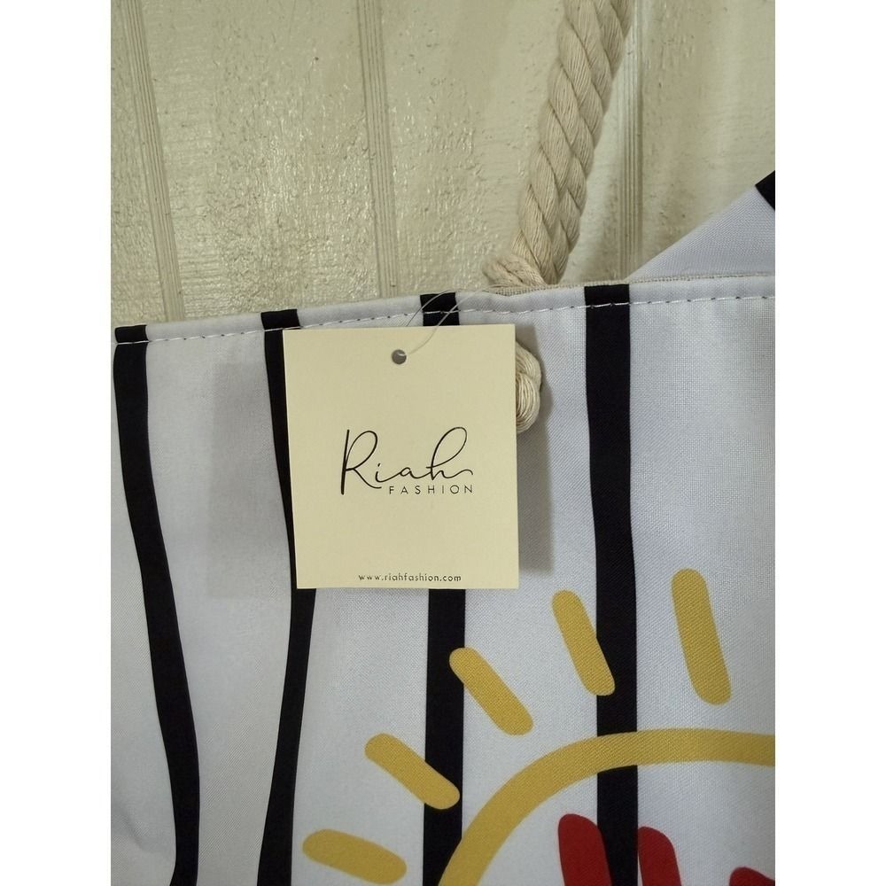 Riah Fashion Hello Summer Beach Tote Bag Striped Canvas Rope Handle with Pouch - Picture 3 of 4